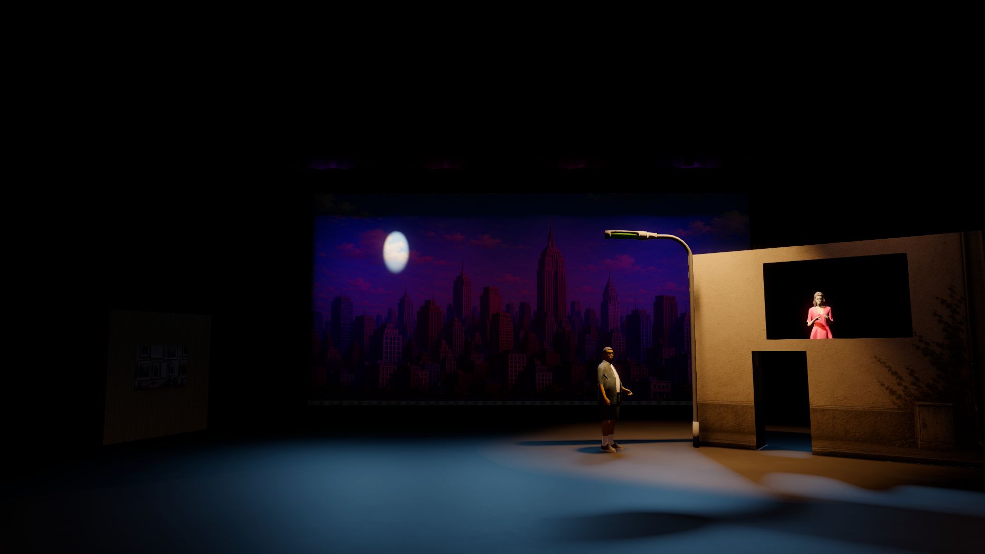 Lighting design visualisation from the Emma's World demonstration production, showing a moonlit city street with a warm-lit house and contrasting cool stage light.